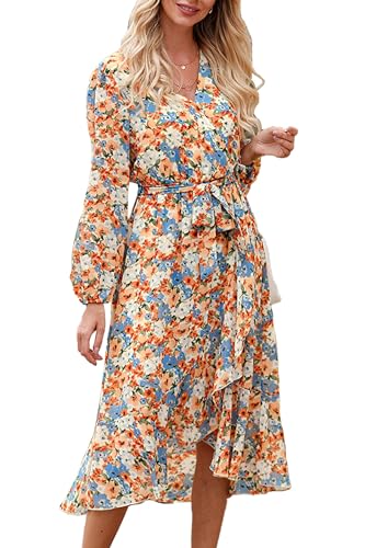 PRETTYGARDEN Women's Floral Boho Dress Fall Long Sleeve Wrap V Neck Ruffle Flowy Maxi Spring Wedding Guest Vacation Dresses (Floral Yellow,Small)