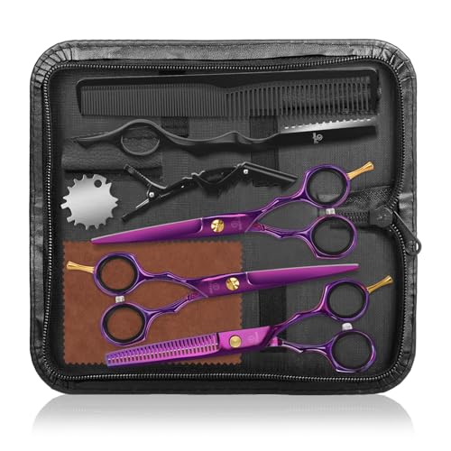 ETHTXE 9Pcs Professional Hair Scissors Set, Stainless Steel Barber Supplies – Includes Straight & Thinning Shears, Hair Thinning Knife – Multi-Use Haircut Tools for Home, Salon, and Barbers (Purple)
