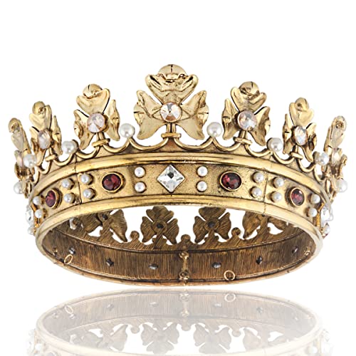 Baroque Royal Crown Men's Metal Prince Hair Crown Full Circle Birthday Party Hair Accessories For Halloween Prom (Dark Gold With Champagne