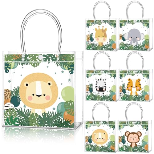 Aliceset 24 Pcs Safari Gift Bags with Handle Clear PVC Wild Animals Candy Treat Goodies Tote Bags for Summer Jungle Birthday Party Baby Shower Favor Supplies