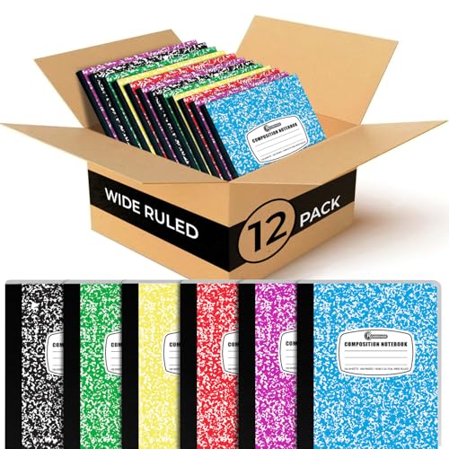 Rosmonde 12 Pack Bulk Composition Notebook Wide Ruled, 200 Pages (100 Sheets), 9-3/4 x 7-1/2", Hard Cover Wide Ruled Notebook Bulk, Assorted Colors Composition Notebook For School, Colors May Repeat