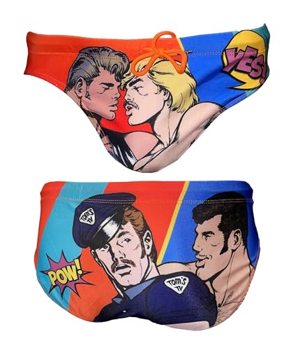 Peachy Kings Tom of Finland COMIC Swim Briefs (Bikini, Gay, Adjustable Drawstring, Swimsuit) (US, Alpha, Medium, Regular, Regular, Orange)