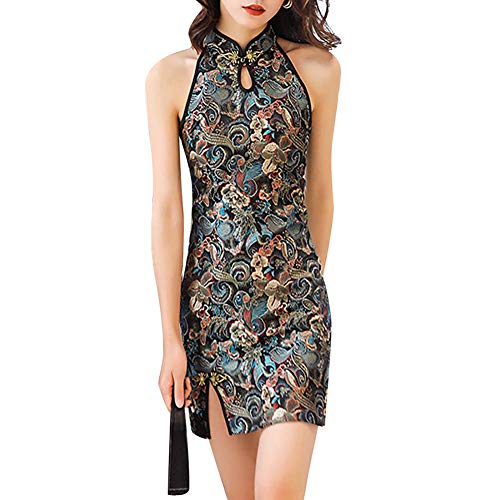 Women's Sleeveless Cheongsam Costume Mandarin Collar Chinese Traditional Dragon Phoenix Pattern Side Slit Cocktail Mini Bodycon Dress (40# Blue, L)