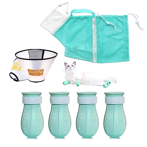 MSMUOEZ 7 Pieces of Cat Bathing Supplies,Anti-Scratch Silicone Cat Shoes,Cat Claw Covers, Cat Shower Net Bag,Cat Bathing Bag,Cat Grooming Mesh Bag,Elizabethan Collar(No.3)
