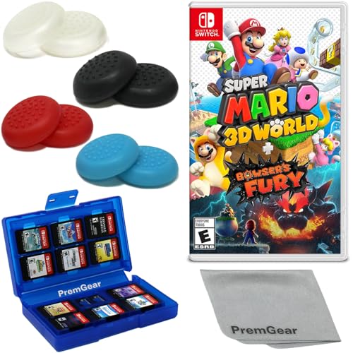 Super Mario 3D World + Bowser's Fury for Nintendo Switch, with PremGear Thumb Grips (8 pack - Black, Blue, Red & Clear), 24 Slot Game Card Holder & Cleaning Cloth