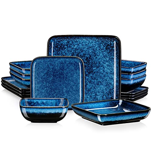 vancasso Stern Blue Dinner Set Square Reactive Glaze Tableware 16 Pieces Kitchen Dinnerware Stoneware Crockery Set with Dinner Plate, Dessert Plate, Bowl and Soup Plate Service for 4