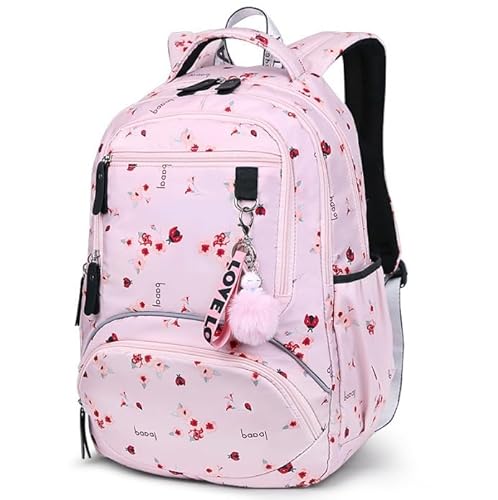 FUNSEED Backpack for Women, Large Capacity Korean Style Cherry Blossom Printed Casual Nylon Multilayer Pockets Backpack (Pink)