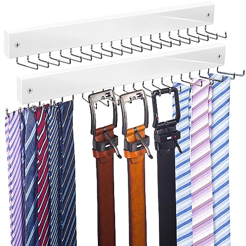 【2 in 1】 2 Pack Tie Organizer Belt Organizer Wall Mounted, Space Saving Tie Rack Belt Hanger for Closet with 20 Storage Hooks, Belt Tie Holder for Closet Organizer Storage White