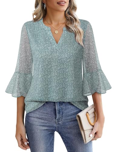 VALOLIA Women Blouse: Business Casual - V Neck Flowy Tops - Dress Shirts Trendy 2025 Summer 3/4 Sleeve Tops Chiffon Blouses Dressy Elegant Office Work Clothes Floral Blue Medium