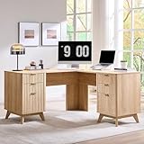 T4TREAM 60'' Fluted Executive L Shaped Desk, Modern Home Office Desk with Charging Station and File Drawer, Computer Corner Desks with Drawers & Storage Cabinet for Office Home, Bedroom, Natural Oak
