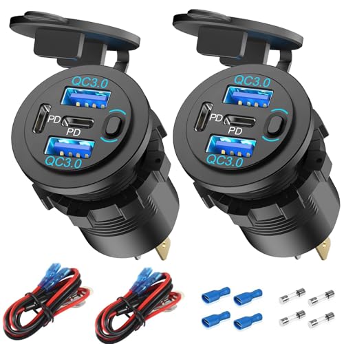 2 Pack 12V USB Outlet 4 Port Car Charger, 78W Super Fast Dual PD3.0 & QC3.0 Multiple USB Port for Car, USB C Cigarette Lighter Replacement 12 Volt Socket Waterproof for Marine Boat Motorcycle RV Golf