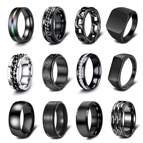 EIELO 12Pcs Rings for Men Stainless Steel Band Square Signet Rings Pinky Thumb Black Chunky Thick Dome Cuban Link Chain Ring Simple Cool Finger Ring Wedding Band Ring for Men Size 10
