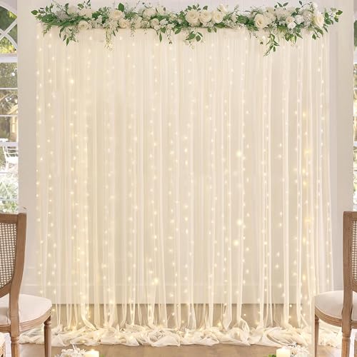 Champagne Tulle Backdrop Curtain with Lights String for Parites Wedding 10x8ft Champagne Sheer Backdrop Curtains for Bridal Baby Shower Valentine's Day Birthday Party Photo Booth Props Decorations