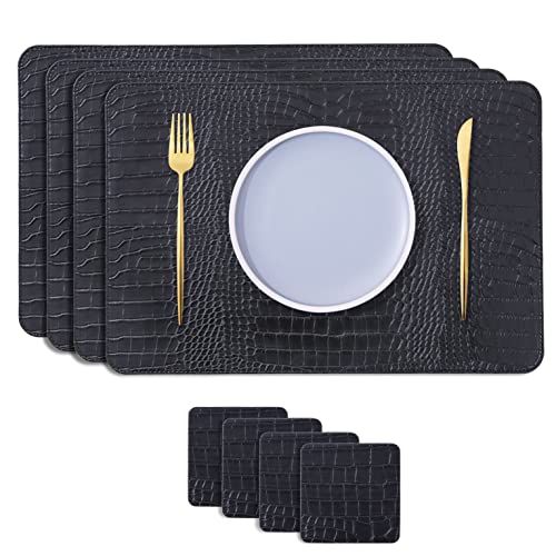 Crocodile Faux Leather Placemat - for Office Conference Table, 8-Piece Set, Heat Resistant and Waterproof Table Runner Kitchen Table Runner, 11.8" X 17.6". (Black Crocodile Pattern)
