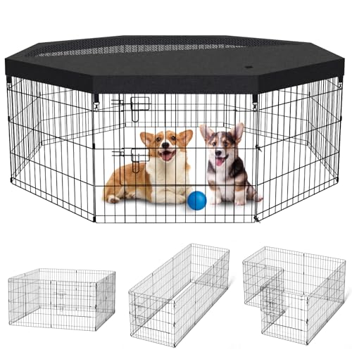 Dog Pen Pet Playpen Dog Fence Indoor Foldable Metal Wire Exercise Puppy Play Yard Pet Enclosure Indoor Outdoor 8 Panels 24 Inch with Bottom Pad/Top Cover (Black with top Cover)
