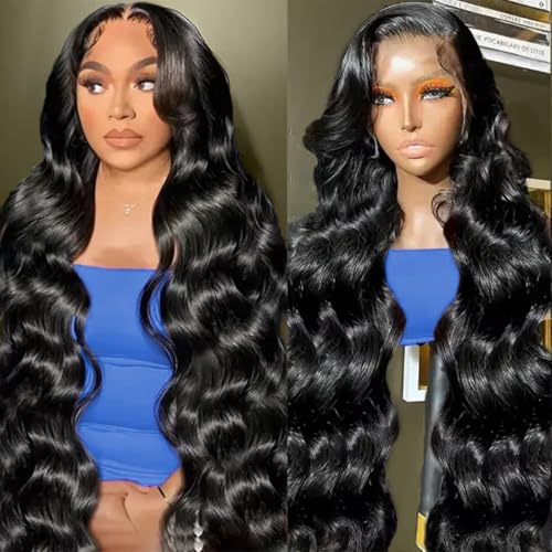 30 Inch Body Wave Lace Front Wigs Human Hair 13x6 HD Lace Front Wigs Human Hair Pre Plucked Brazilian Human Hair Wigs for Women 180 Density Glueless Lace Frontal Wig Natural Black Body Wave Wig