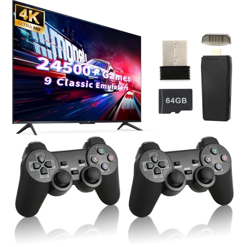 Retro Game Console, Wireless Retro Game Console, 24500+ Games Built-in, 4K HDMI Output, 9 Emulators, Dual 2.4GHz Wireless Game, Plug and Play Video TV Games, Deep Black(64G)