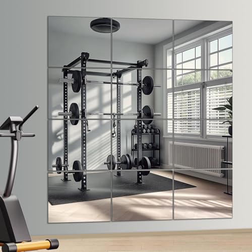 VSAR House Home Gym Mirror, 12Pcs 14"x 12" Wall Mirror Tiles, Frameless HD Glass Full Length Wall Mirrors for Wall Decor, Bedroom, Living Room, Over The Door, Self Adhesive