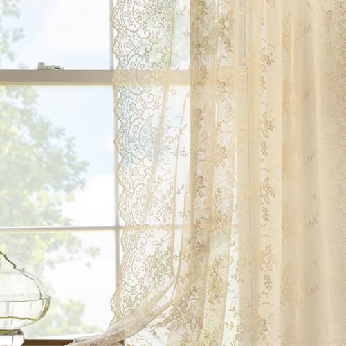 Kotile 80 Inch Length Beige Lace Curtains 2 Panels Set Country Vine Floral Scalloped Vintage Sheer Lace Curtains 80 Inches Long for Bedroom Living Room, Rod Pocket Privacy Lace Curtain, 52 x 80 Inch