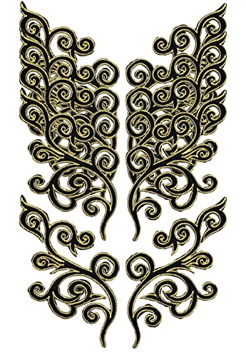 5 Pairs Embroidered Fancy Baroque Applique Swirl Iron on Patches Scroll Badge with Gold Trimming for Wedding Gown Dress Shoe Shirt Borders (Black)