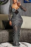 WOKANSE Women Sexy Long Sleeve Rhinestone Wrap Backless Mesh Sheer Bodycon Club Maxi Dress Black XXL