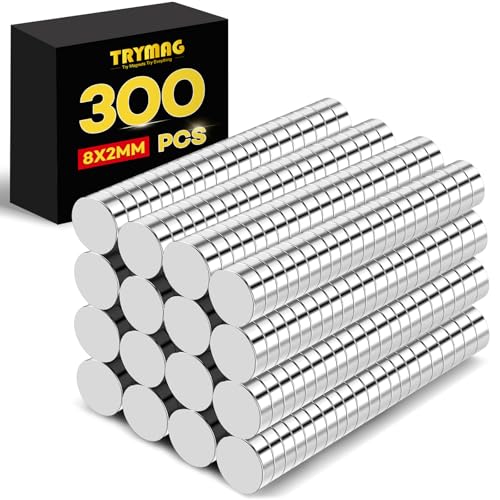 TRYMAG Small Magnets 300Pcs Small Round Rare Earth Magnets, Tiny Strong Neodymium Disc Magnets for Whiteboard, Fridge, Office, Hobbies, Crafts and Dry Erase Board, (8x2 300P)