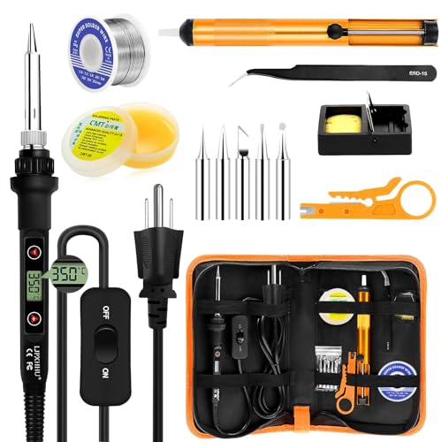 Soldering Iron Kit 80W LCD Adjustable Temperature 180-520℃ Solder Kit Electronics 13 in 1 Welding Tools with ON/OFF Switch, Solder Wire, Flux, 5 Soldering Tips, Desoldering Pump, Stand, Tweezers