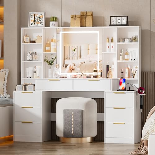 FURNJOYLIFE Large Makeup Vanity Desk with Lighted Mirror & Power Outlet,Dresser Table with 3 Lighting Modes Brightness Adjustable,Drawers,Shelves,Hair Dryer Stand for Bedroom,White (No Stool)