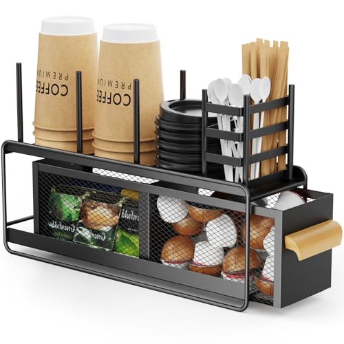 GSlife Cup and Lid Holder with Drawer - Metal Coffee Cup Dispenser with Straw Organizer, Narrow Coffee Bar Station for Countertop Kitchen Breakroom, Black