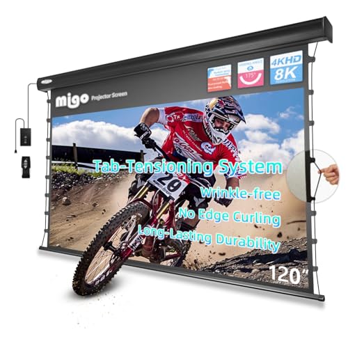 MIGO 120 Inch Motorized Projector Screen Pull Down,2.0 Gain Partial Ambient Light 4K HD TabTension Electric Projector Screen Wall/Ceiling Mount for UST Projector Indoor Home Theater Bar(Black Housing)
