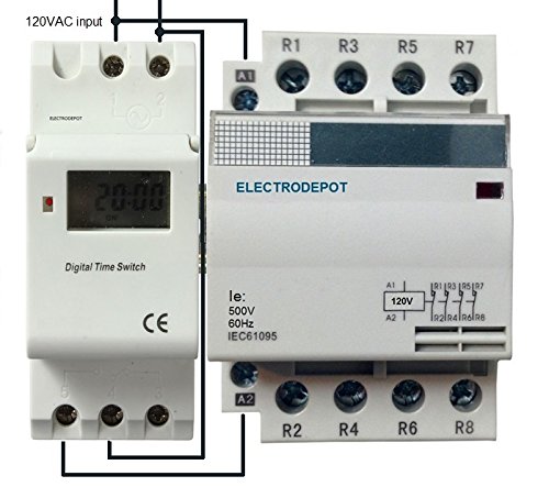 Electrodepot 7 Day 24 Hours Timer. 4 Pole, N/O 60 Amps, 120/220/240/277V, Control 120VAC, Components in DIN Rail