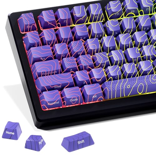 HITIME XVX Shine Through Keycaps w/IMD Tech, Custom Topographic Keycaps 60 75 100 Percent, Purple Keycap Set Lines Backlit, OEM Profile Keycap,Side Printed Keyboard Keycaps for Keyboards(Only Keycaps)