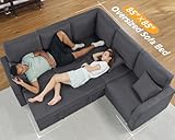 PaPaJet Sleeper Bed, 85 Inch Oversized Sofa Bed with Storage Seat, L Shaped Sofa Couch with Pull Out Bed, Sectional Sofa for Living Room Apartment, Linen Grey