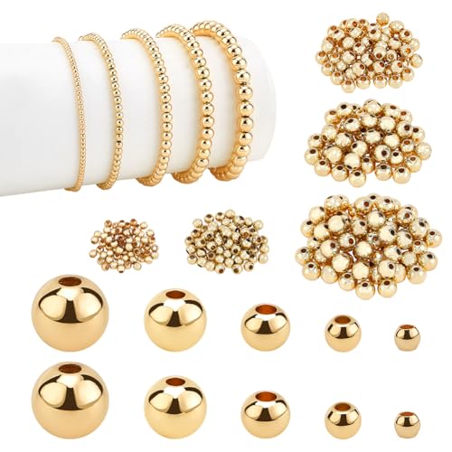 PH PandaHall 14K Gold Plated Spacer Beads, 300pcs Round Brass Beads 5 Size Metal Smooth Beads Seamless Ball Beads Long-lasting Little Beads for Summer Bracelet Necklace Jewelry DIY Crafts(2/3/4/5/6mm)