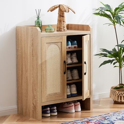 Mericonia Shoe Cabinet Storage for Entryway, Natural Rattan Shoe Storage Cabinet, Wooden Shoe Rack Cabinet, Farmhouse Boho Wood Shoe Organizer Cabinet for Hallway