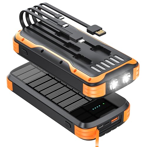 Solar-Power-Bank-Charger, 40000mAh Portable Phone Charger Built in 4 Cables with USB C in/Output, 5V3.1A QC 3.0 Fast Charging External Batter, External Battery Pack with Dual Bright Flashlights