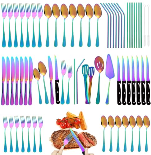 69 Piece Rainbow Silverware Set with Steak Knife Service For 8, Colorful Flatware Cutlery Set Stainless Steel Utensils Mirror Polishe Spoons and Forks with Metal Straw, Slotted Spoon, Tongs, Tableware