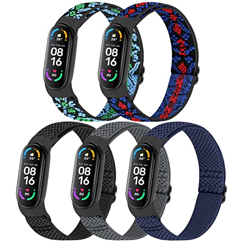 TumpCez 5 Pack Solo Loop Nylon Band Compatible With Xiaomi Mi Band 7 6 5 4 3/Amazfit Band 5 Straps, Adjustable Breathable Comfortable Elastic Sport Replacement Strap for Women Men