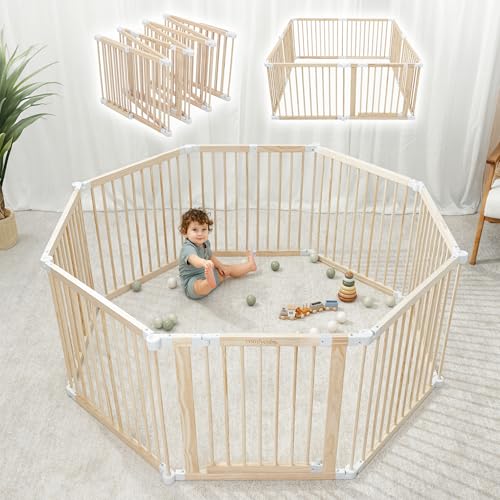Comfy Cubs Baby Gate Playpen - 57 x 57 x 25 in, Extends Up to 228” - Pine Wood Foldable Playpen with Child-Proof Lock - Easy Assembly Baby Fence Play Area for Babies & Toddlers - Light Wood White
