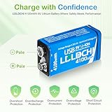 LDLDCHI Rechargeable 9V Lithium Batteries 4100mWh with 4-in1 Charging Cable - 6F22 9 Volt Batteries 4 Pack, Over 500 Cycles, for Smoke Detector Alarms, Microphones, Guitar