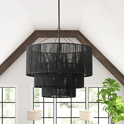 Aiwen Modern Pendant Light Fixtures 27.55 Inch Matte Black Ceiling Pendant Lighting with Hemp Rope Farmhouse Adjustable Chandeliers for Living Room Dining Room E26 Base