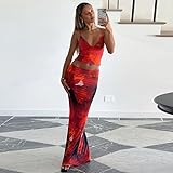 ksotutm Maxi Skirt Set Floral Print Halter Top Maxi Skirt Sexy Going Out Outfits for Women Orange