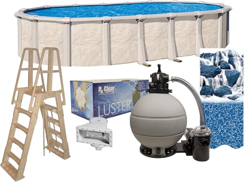 Lake Effect Pools 'Fallston' 18 ft x 33 ft Oval Above Ground Swimming Pool Bundle | 52 Inch Height | Steel Sided Walls | Kit Includes: 25 Gauge Liner, A-Frame Ladder, Sand Filter/Pump, & Skimmer