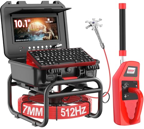 Sewer Camera with Locator 165ft, 7mm Cable Self Leveling Drain Cameras with Distance Counter, Plumbing Camera Snake with Light, 10.1'' HD Pipe Line Borescope Inspection Cam w/DVR (Keyboard Input)