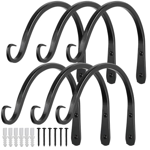 Worth Garden 6-Pack 10" Plant Hanger Bracket - Hand-Forged Wrought Iron Powder-Coated Heavy Duty Wall Hooks - Black Curved Plant Hanging Hooks for Bird Feeders, Flower Baskets, Indoor & Outdoor Use