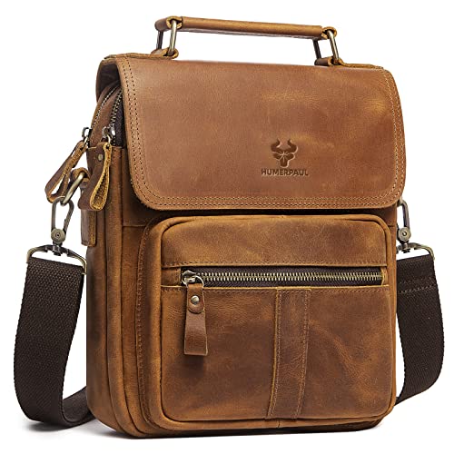 HUMERPAUL Genuine Leather Crossbody Sling Bag Messenger Man Purse Handbags for Mens Zipper Shoulder Bag for Work Business (Brown)