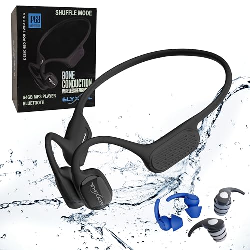 ELYXFUL Bone Conduction Swimming Headphones with Bluetooth & 64GB MP3 Player, Shuffle & Repeat, IP68 Waterproof, Secure Fit for Workouts, Running, Cycling and Swimming, Microphone for Hands-free Calls