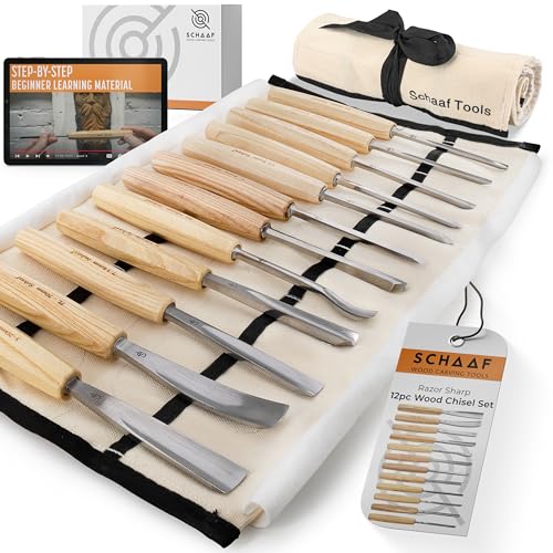 High-Quality Wood Carving Tools Set of 12 Chisels and Gouges with Canvas Case, Razor Sharp CR-V 60 Steel Woodworking Tools, Adult Crafts Chisel Set for Beginners and Professionals