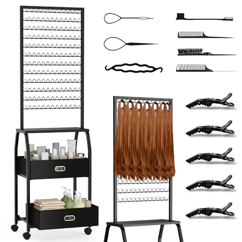 Portable Braiding Hair Rack with Wheels & Storage Drawers,2-Sided 288 Pegs,Hair Extension Holder Hanger for Braiding Hair Separator Stand Display,Hair Rack with Stylist Hair braiding Tools(Black)