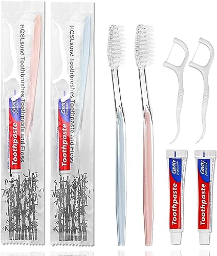 HQSLsund 100pcs Disposable Toothbrushes with Toothpaste Floss Individually Wrapped, 2 Color Disposable Toothbrush, 10g Toothpaste, Floss Pick, Bulk Toothbrush Kit for Homeless,Airbnb,Hotel